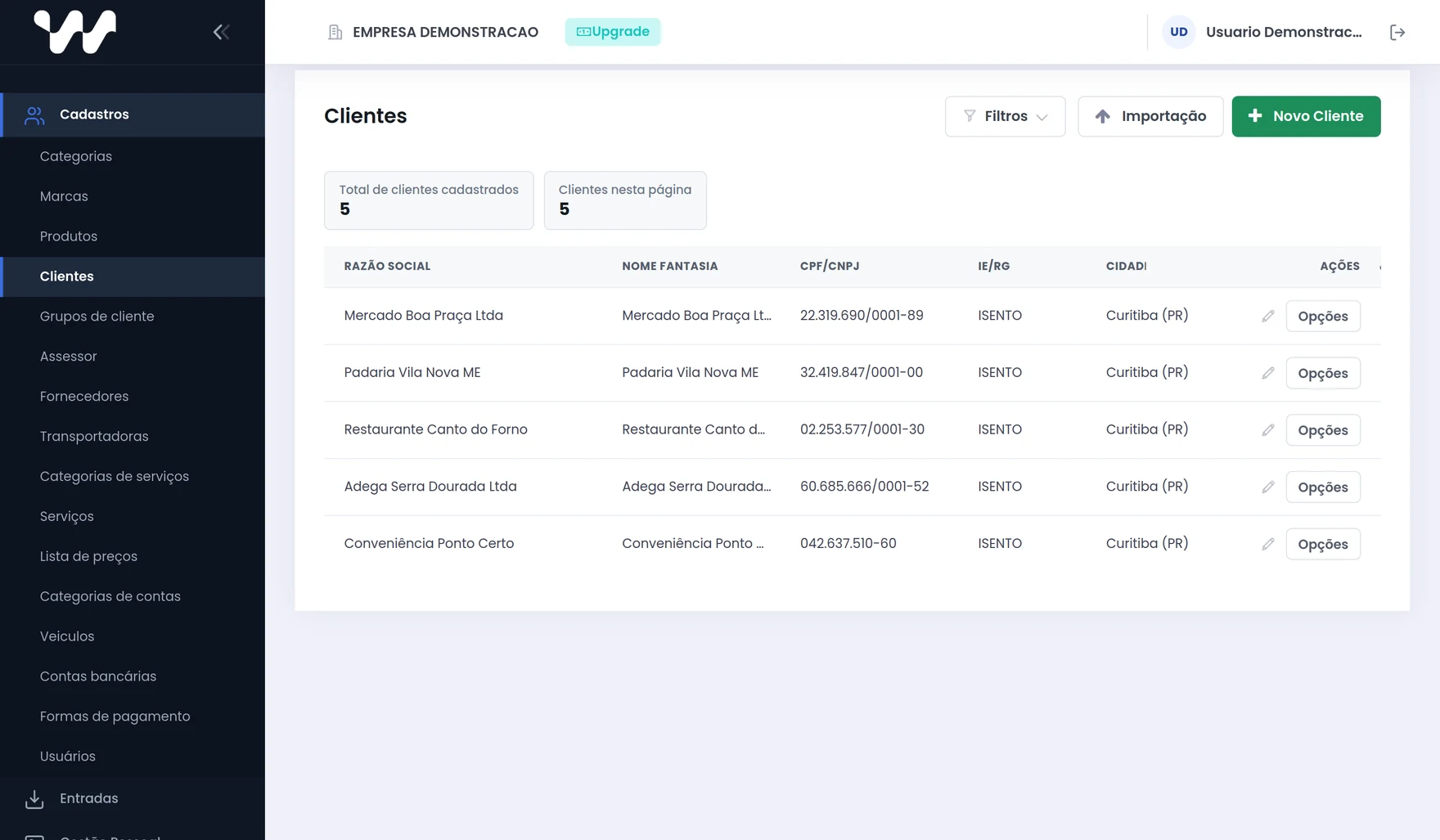 Cadastro de clientes do Websis, com documento, cidade, grupo e contato