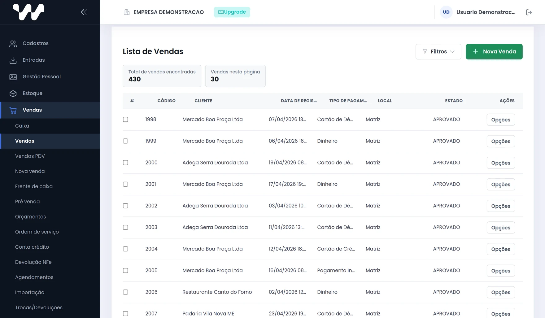 Lista de vendas do Websis, com cliente, data, tipo de pagamento, estado e valor